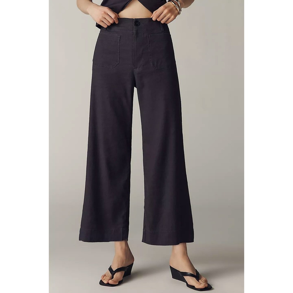 Anthropologie Maeve Colette Linen Stretch Wide Leg Pants 29 Cropped Navy Blue